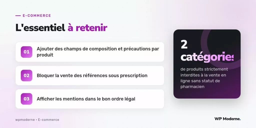 L'essentiel à retenir : Ajouter des champs de composition et précautions par produit ; Bloquer la vente des références sous prescription ; Afficher les mentions dans le bon ordre légal