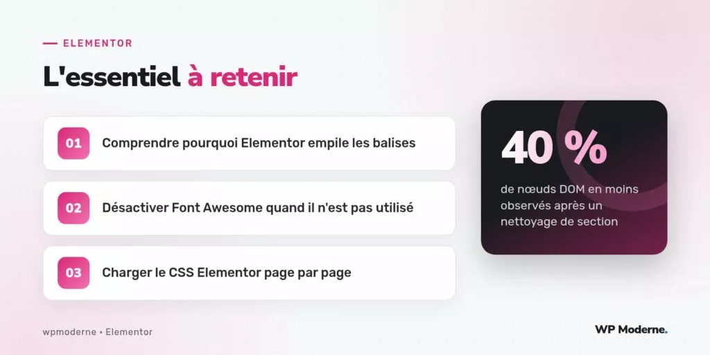 L'essentiel à retenir : Comprendre pourquoi Elementor empile les balises ; Désactiver Font Awesome quand il n'est pas utilisé ; Charger le CSS Elementor page par page