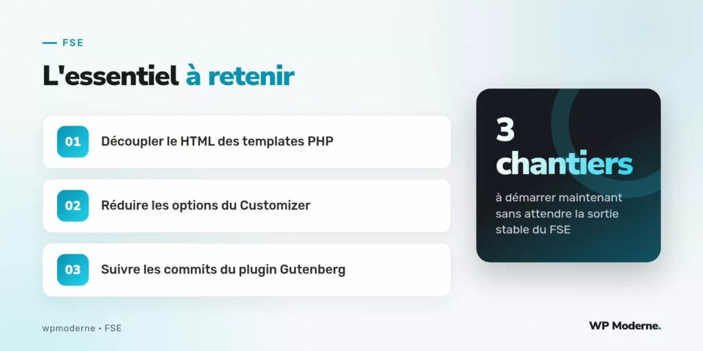 L'essentiel à retenir : Découpler le HTML des templates PHP ; Réduire les options du Customizer ; Suivre les commits du plugin Gutenberg