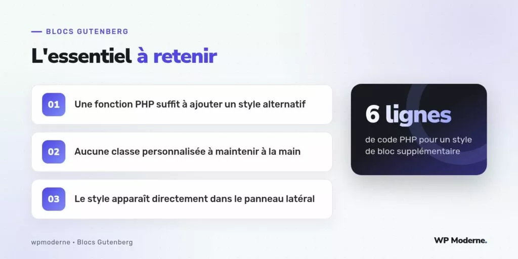 L'essentiel à retenir : Une fonction PHP suffit à ajouter un style alternatif ; Aucune classe personnalisée à maintenir à la main ; Le style apparaît directement dans le panneau latéral