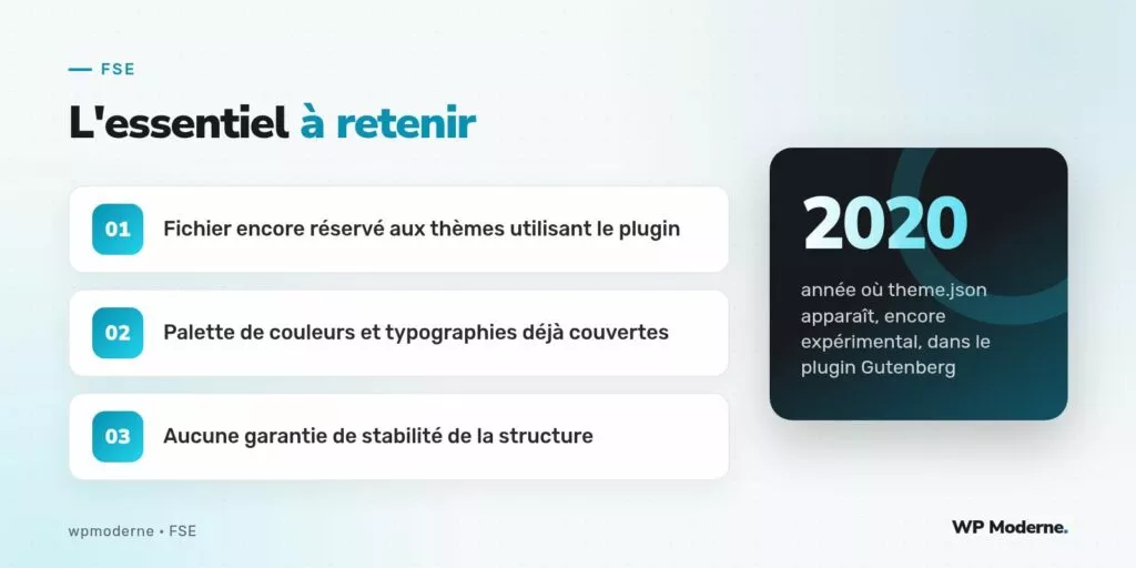 L'essentiel à retenir : Fichier encore réservé aux thèmes utilisant le plugin ; Palette de couleurs et typographies déjà couvertes ; Aucune garantie de stabilité de la structure