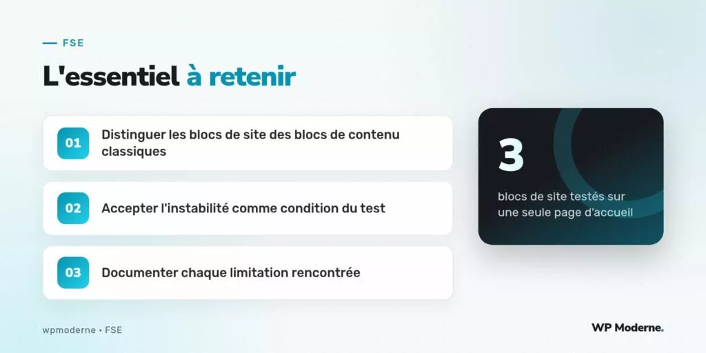 L'essentiel à retenir : Distinguer les blocs de site des blocs de contenu classiques ; Accepter l'instabilité comme condition du test ; Documenter chaque limitation rencontrée