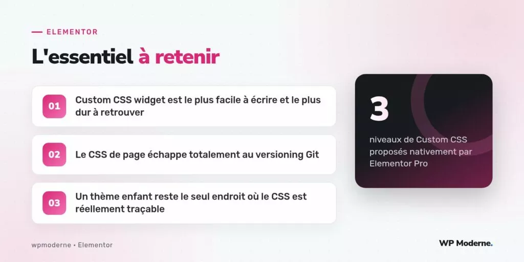L'essentiel à retenir : Custom CSS widget est le plus facile à écrire et le plus dur à retrouver ; Le CSS de page échappe totalement au versioning Git ; Un thème enfant reste le seul endroit où le CSS est réellement traçable