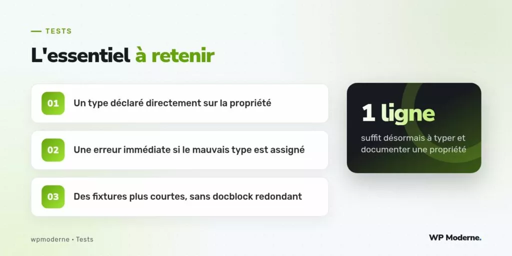 L'essentiel à retenir : Un type déclaré directement sur la propriété ; Une erreur immédiate si le mauvais type est assigné ; Des fixtures plus courtes, sans docblock redondant