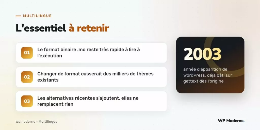 L'essentiel à retenir : Le format binaire .mo reste très rapide à lire à l'exécution ; Changer de format casserait des milliers de thèmes existants ; Les alternatives récentes s'ajoutent, elles ne remplacent rien