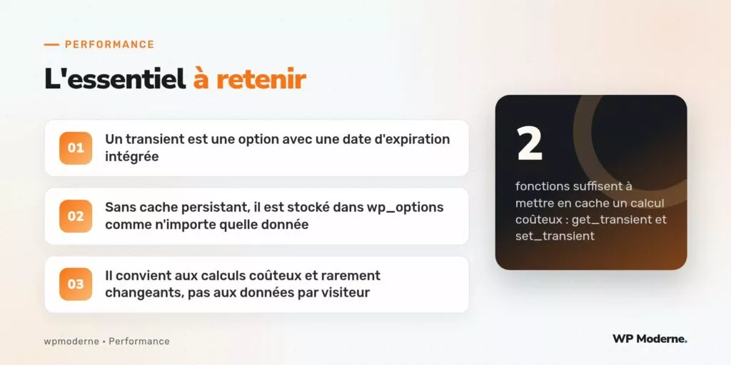 L'essentiel à retenir : Un transient est une option avec une date d'expiration intégrée ; Sans cache persistant, il est stocké dans wp_options comme n'importe quelle donnée ; Il convient aux calculs coûteux et rarement changeants, pas aux données par visiteur