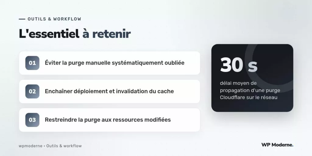 L'essentiel à retenir : Éviter la purge manuelle systématiquement oubliée ; Enchaîner déploiement et invalidation du cache ; Restreindre la purge aux ressources modifiées