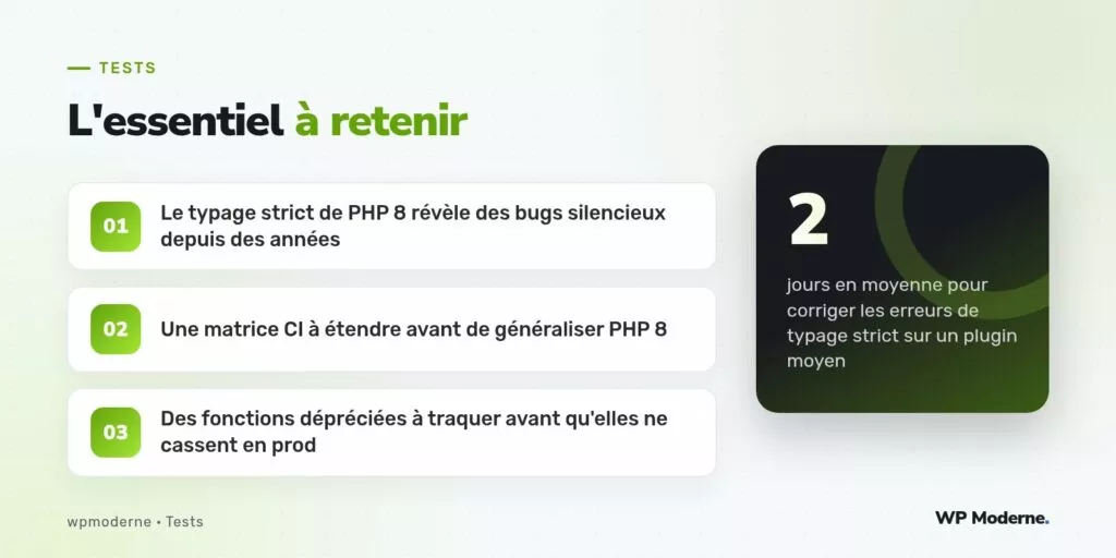 L'essentiel à retenir : Le typage strict de PHP 8 révèle des bugs silencieux depuis des années ; Une matrice CI à étendre avant de généraliser PHP 8 ; Des fonctions dépréciées à traquer avant qu'elles ne cassent en prod