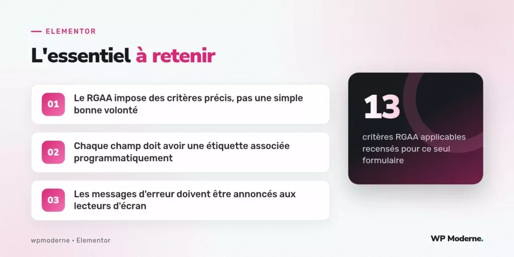 L'essentiel à retenir : Le RGAA impose des critères précis, pas une simple bonne volonté ; Chaque champ doit avoir une étiquette associée programmatiquement ; Les messages d'erreur doivent être annoncés aux lecteurs d'écran