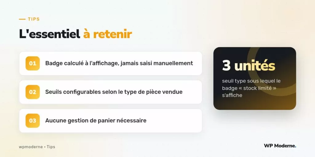 L'essentiel à retenir : Badge calculé à l'affichage, jamais saisi manuellement ; Seuils configurables selon le type de pièce vendue ; Aucune gestion de panier nécessaire