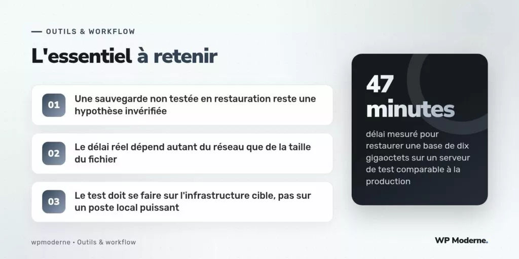L'essentiel à retenir : Une sauvegarde non testée en restauration reste une hypothèse invérifiée ; Le délai réel dépend autant du réseau que de la taille du fichier ; Le test doit se faire sur l'infrastructure cible, pas sur un poste local puissant