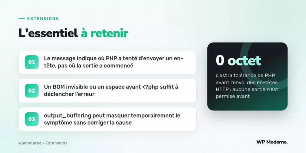 L'essentiel à retenir : Le message indique où PHP a tenté d'envoyer un en-tête, pas où la sortie a commencé ; Un BOM invisible ou un espace avant <?php suffit à déclencher l'erreur ; output_buffering peut masquer temporairement le symptôme sans corriger la cause