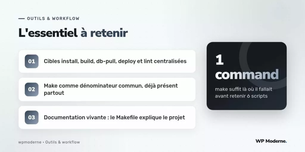 L'essentiel à retenir : Cibles install, build, db-pull, deploy et lint centralisées ; Make comme dénominateur commun, déjà présent partout ; Documentation vivante : le Makefile explique le projet