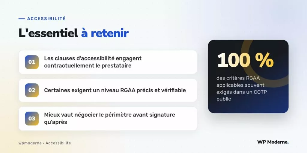 L'essentiel à retenir : Les clauses d'accessibilité engagent contractuellement le prestataire ; Certaines exigent un niveau RGAA précis et vérifiable ; Mieux vaut négocier le périmètre avant signature qu'après