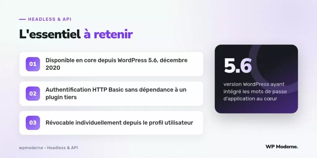 L'essentiel à retenir : Disponible en core depuis WordPress 5.6, décembre 2020 ; Authentification HTTP Basic sans dépendance à un plugin tiers ; Révocable individuellement depuis le profil utilisateur