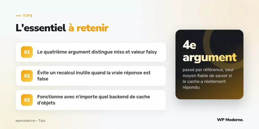L'essentiel à retenir : Le quatrième argument distingue miss et valeur falsy ; Évite un recalcul inutile quand la vraie réponse est false ; Fonctionne avec n'importe quel backend de cache d'objets