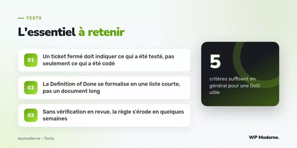 L'essentiel à retenir : Un ticket fermé doit indiquer ce qui a été testé, pas seulement ce qui a été codé ; La Definition of Done se formalise en une liste courte, pas un document long ; Sans vérification en revue, la règle s'érode en quelques semaines