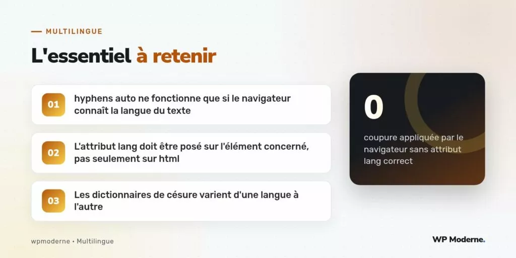 L'essentiel à retenir : hyphens auto ne fonctionne que si le navigateur connaît la langue du texte ; L'attribut lang doit être posé sur l'élément concerné, pas seulement sur html ; Les dictionnaires de césure varient d'une langue à l'autre