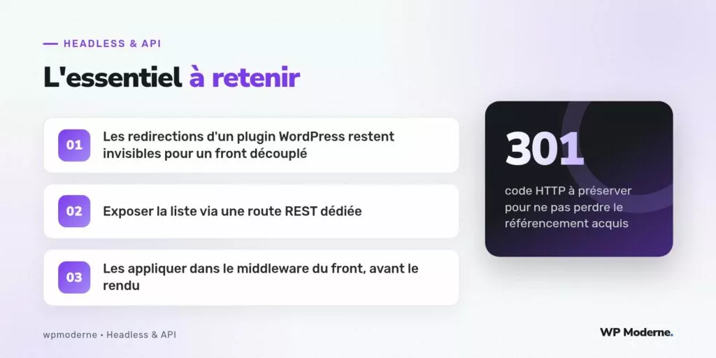 L'essentiel à retenir : Les redirections d'un plugin WordPress restent invisibles pour un front découplé ; Exposer la liste via une route REST dédiée ; Les appliquer dans le middleware du front, avant le rendu