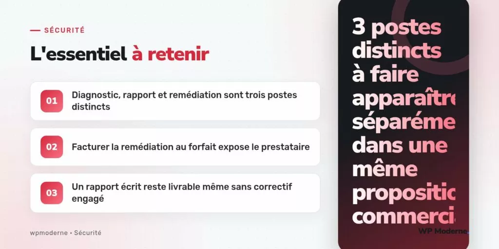 L'essentiel à retenir : Diagnostic, rapport et remédiation sont trois postes distincts ; Facturer la remédiation au forfait expose le prestataire ; Un rapport écrit reste livrable même sans correctif engagé