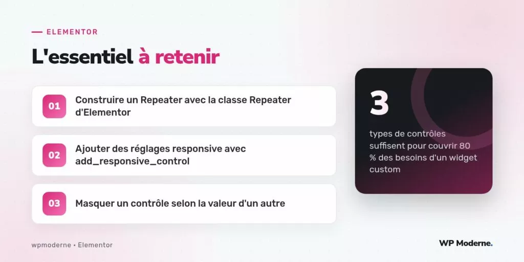 L'essentiel à retenir : Construire un Repeater avec la classe Repeater d'Elementor ; Ajouter des réglages responsive avec add_responsive_control ; Masquer un contrôle selon la valeur d'un autre