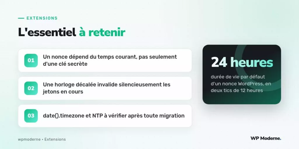 L'essentiel à retenir : Un nonce dépend du temps courant, pas seulement d'une clé secrète ; Une horloge décalée invalide silencieusement les jetons en cours ; date().timezone et NTP à vérifier après toute migration