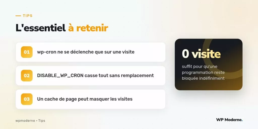 L'essentiel à retenir : wp-cron ne se déclenche que sur une visite ; DISABLE_WP_CRON casse tout sans remplacement ; Un cache de page peut masquer les visites