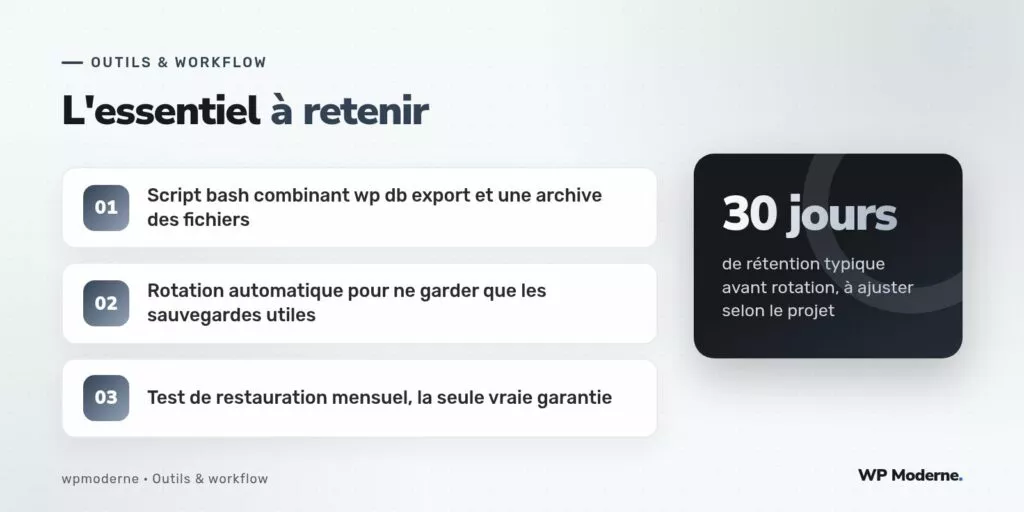 L'essentiel à retenir : Script bash combinant wp db export et une archive des fichiers ; Rotation automatique pour ne garder que les sauvegardes utiles ; Test de restauration mensuel, la seule vraie garantie