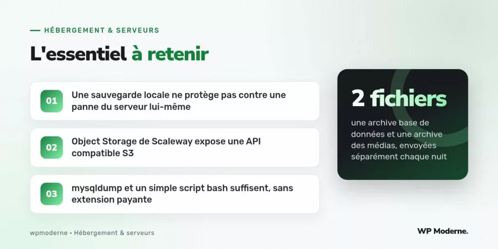 L'essentiel à retenir : Une sauvegarde locale ne protège pas contre une panne du serveur lui-même ; Object Storage de Scaleway expose une API compatible S3 ; mysqldump et un simple script bash suffisent, sans extension payante