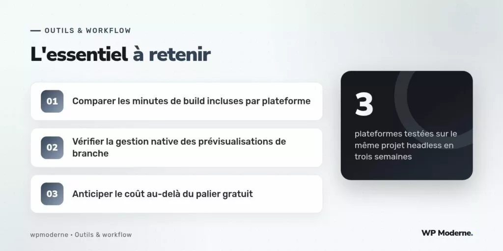 L'essentiel à retenir : Comparer les minutes de build incluses par plateforme ; Vérifier la gestion native des prévisualisations de branche ; Anticiper le coût au-delà du palier gratuit