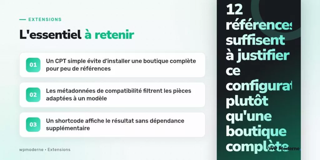 L'essentiel à retenir : Un CPT simple évite d'installer une boutique complète pour peu de références ; Les métadonnées de compatibilité filtrent les pièces adaptées à un modèle ; Un shortcode affiche le résultat sans dépendance supplémentaire