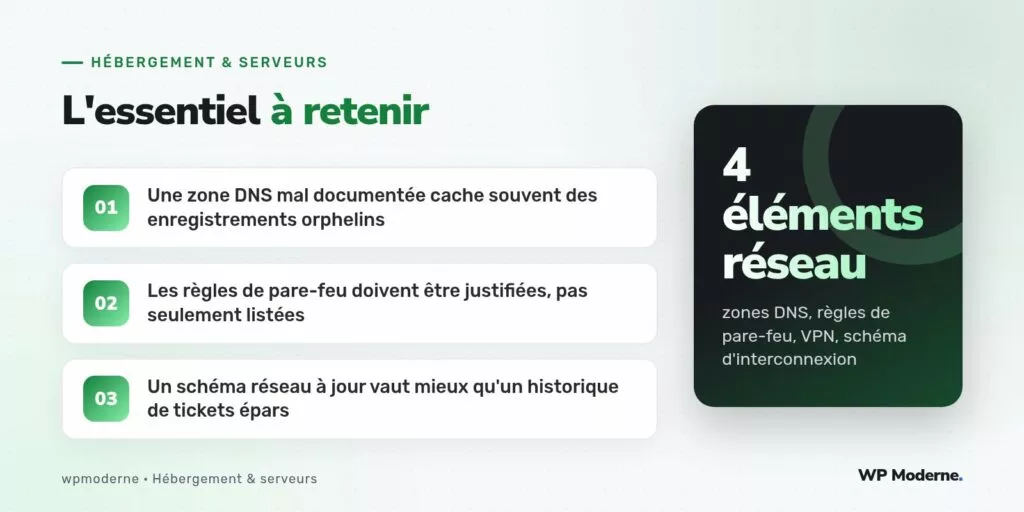 L'essentiel à retenir : Une zone DNS mal documentée cache souvent des enregistrements orphelins ; Les règles de pare-feu doivent être justifiées, pas seulement listées ; Un schéma réseau à jour vaut mieux qu'un historique de tickets épars