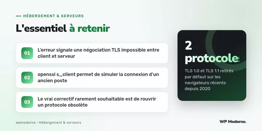 L'essentiel à retenir : L'erreur signale une négociation TLS impossible entre client et serveur ; openssl s_client permet de simuler la connexion d'un ancien poste ; Le vrai correctif rarement souhaitable est de rouvrir un protocole obsolète