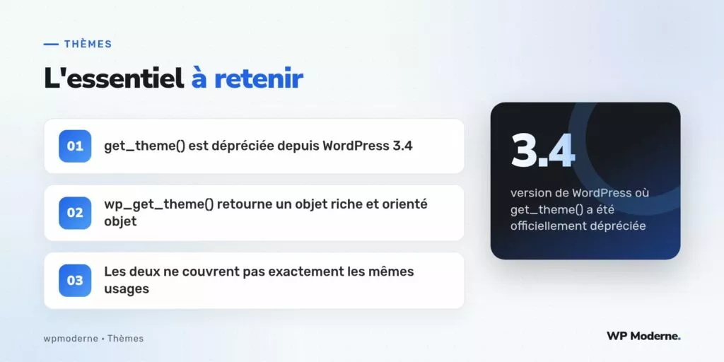 L'essentiel à retenir : get_theme() est dépréciée depuis WordPress 3.4 ; wp_get_theme() retourne un objet riche et orienté objet ; Les deux ne couvrent pas exactement les mêmes usages