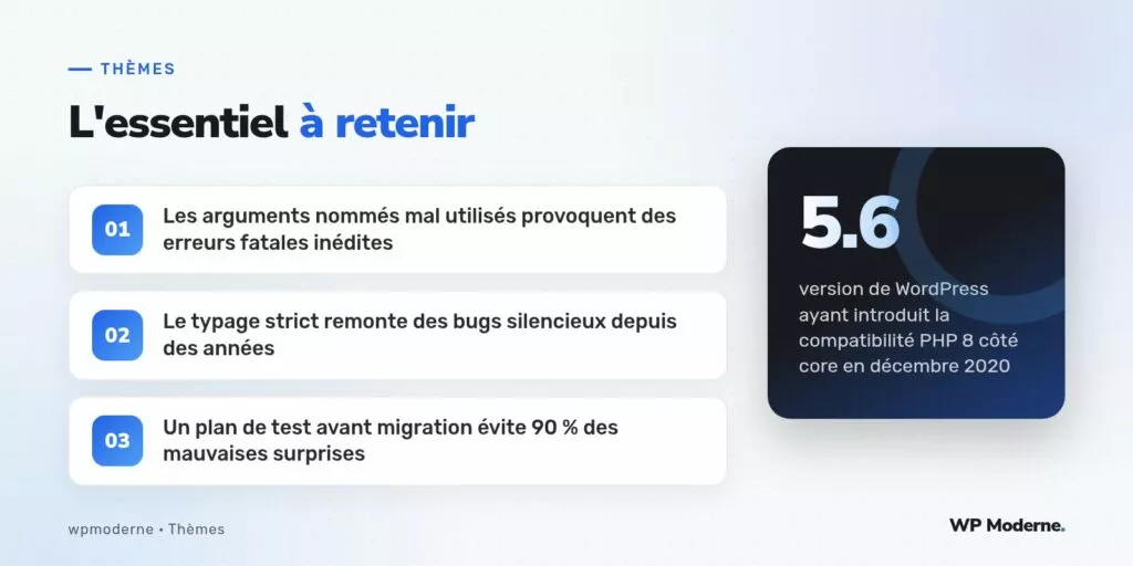 L'essentiel à retenir : Les arguments nommés mal utilisés provoquent des erreurs fatales inédites ; Le typage strict remonte des bugs silencieux depuis des années ; Un plan de test avant migration évite 90 % des mauvaises surprises