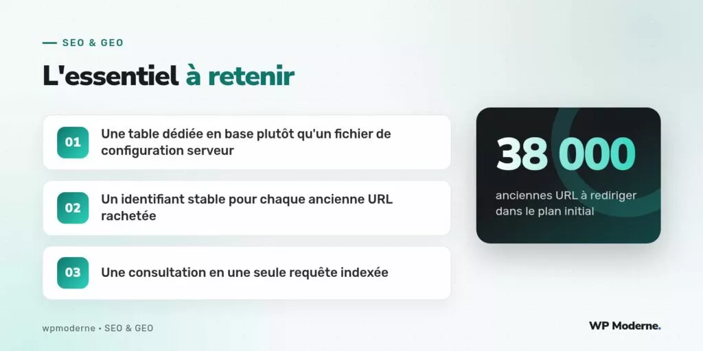 L'essentiel à retenir : Une table dédiée en base plutôt qu'un fichier de configuration serveur ; Un identifiant stable pour chaque ancienne URL rachetée ; Une consultation en une seule requête indexée