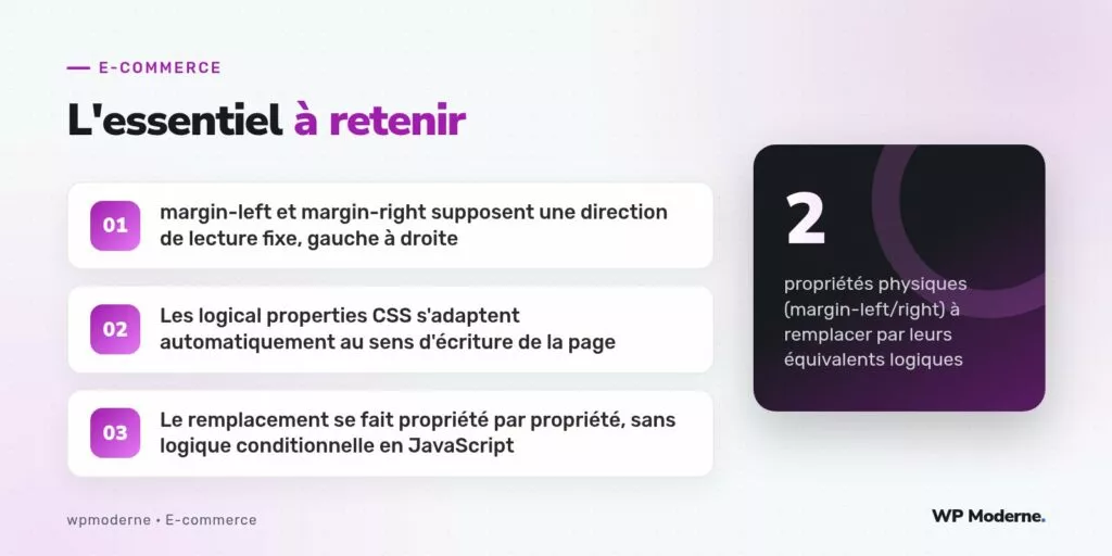 L'essentiel à retenir : margin-left et margin-right supposent une direction de lecture fixe, gauche à droite ; Les logical properties CSS s'adaptent automatiquement au sens d'écriture de la page ; Le remplacement se fait propriété par propriété, sans logique conditionnelle en JavaScript