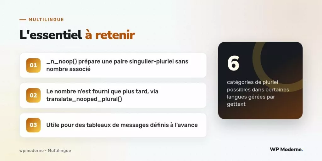 L'essentiel à retenir : _n_noop() prépare une paire singulier-pluriel sans nombre associé ; Le nombre n'est fourni que plus tard, via translate_nooped_plural() ; Utile pour des tableaux de messages définis à l'avance