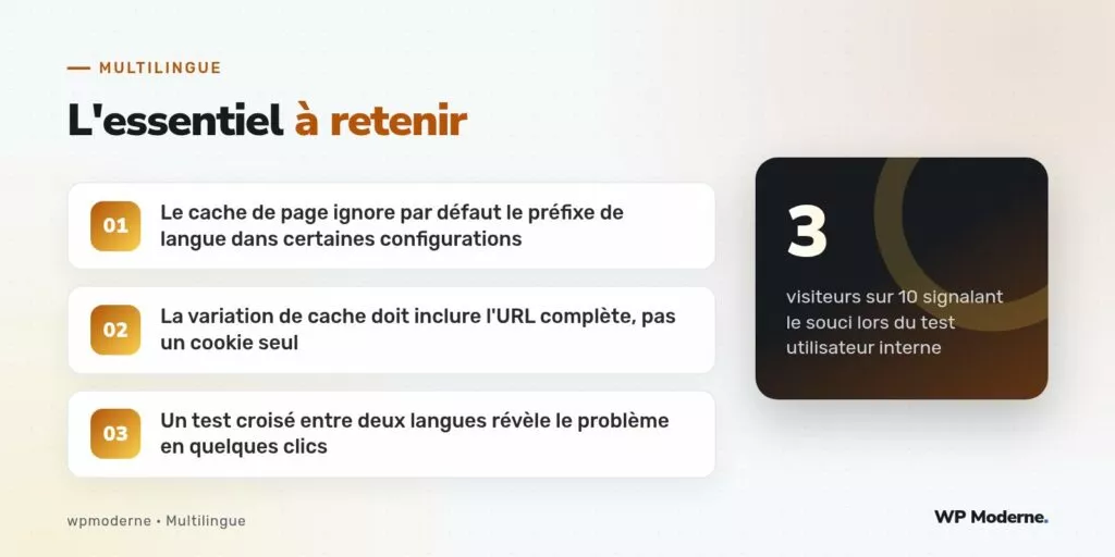 L'essentiel à retenir : Le cache de page ignore par défaut le préfixe de langue dans certaines configurations ; La variation de cache doit inclure l'URL complète, pas un cookie seul ; Un test croisé entre deux langues révèle le problème en quelques clics