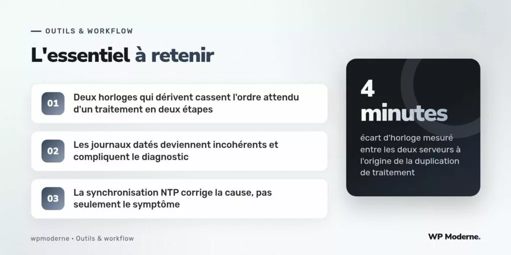 L'essentiel à retenir : Deux horloges qui dérivent cassent l'ordre attendu d'un traitement en deux étapes ; Les journaux datés deviennent incohérents et compliquent le diagnostic ; La synchronisation NTP corrige la cause, pas seulement le symptôme