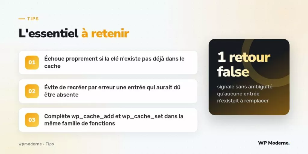 L'essentiel à retenir : Échoue proprement si la clé n'existe pas déjà dans le cache ; Évite de recréer par erreur une entrée qui aurait dû être absente ; Complète wp_cache_add et wp_cache_set dans la même famille de fonctions