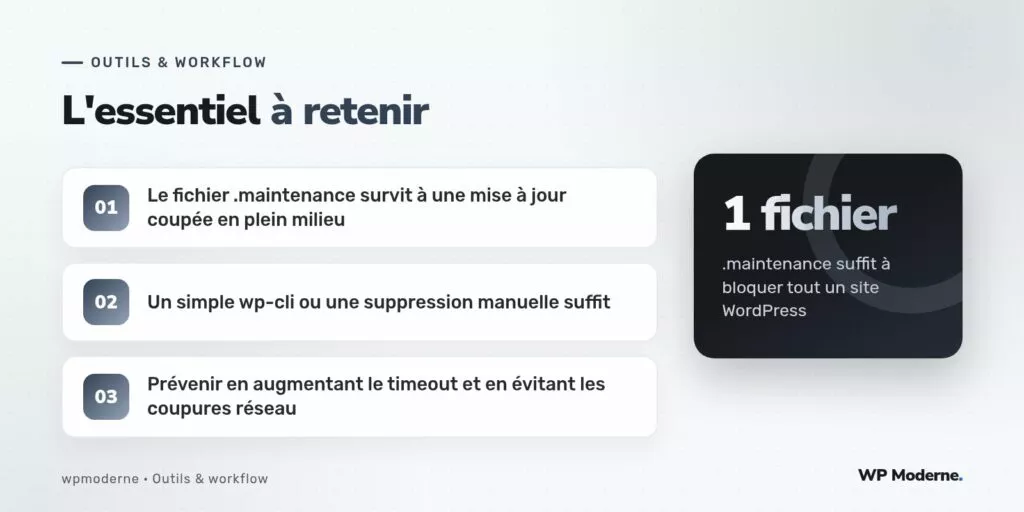 L'essentiel à retenir : Le fichier .maintenance survit à une mise à jour coupée en plein milieu ; Un simple wp-cli ou une suppression manuelle suffit ; Prévenir en augmentant le timeout et en évitant les coupures réseau