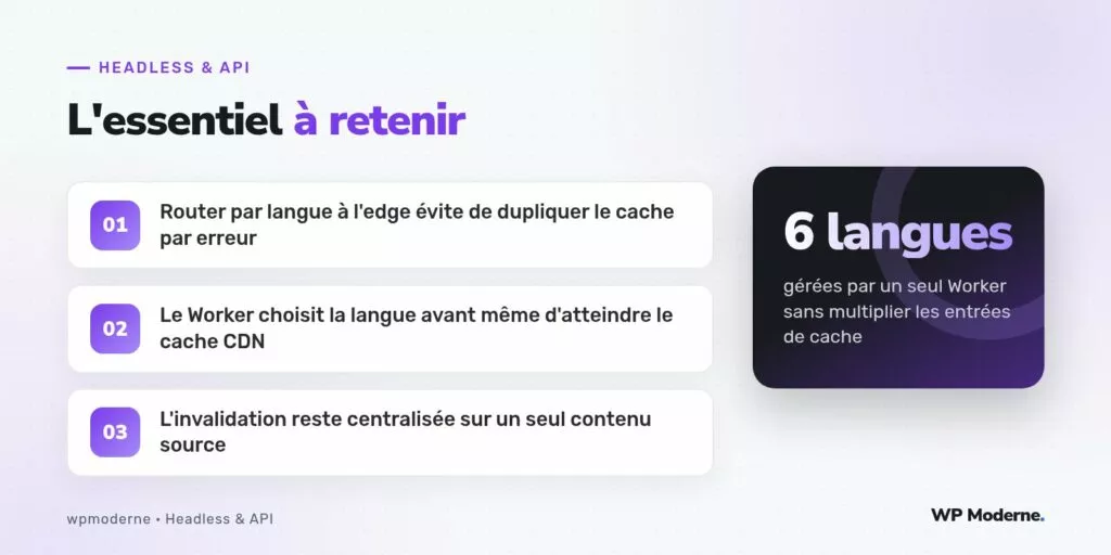 L'essentiel à retenir : Router par langue à l'edge évite de dupliquer le cache par erreur ; Le Worker choisit la langue avant même d'atteindre le cache CDN ; L'invalidation reste centralisée sur un seul contenu source
