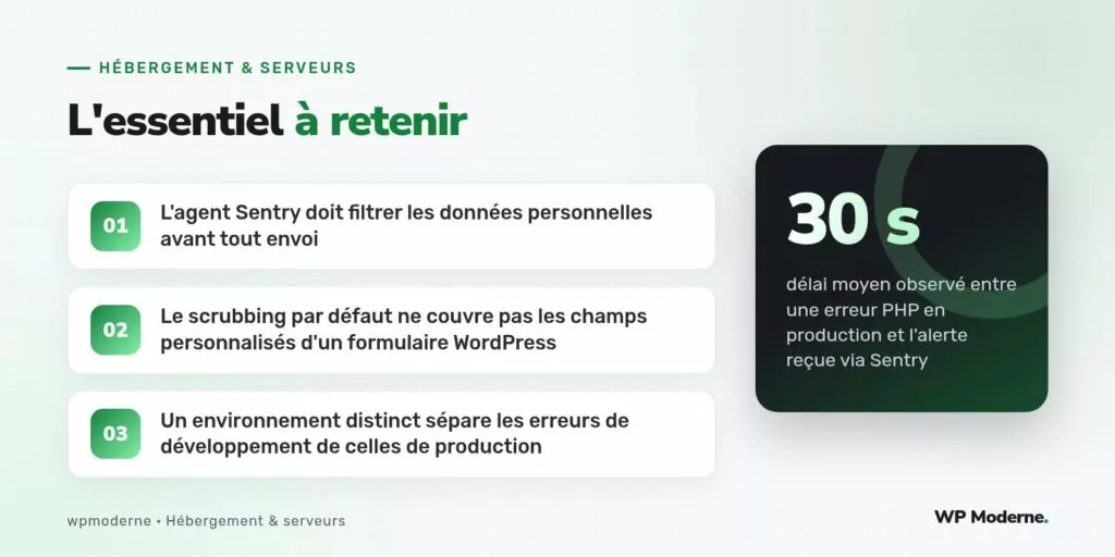 L'essentiel à retenir : L'agent Sentry doit filtrer les données personnelles avant tout envoi ; Le scrubbing par défaut ne couvre pas les champs personnalisés d'un formulaire WordPress ; Un environnement distinct sépare les erreurs de développement de celles de production