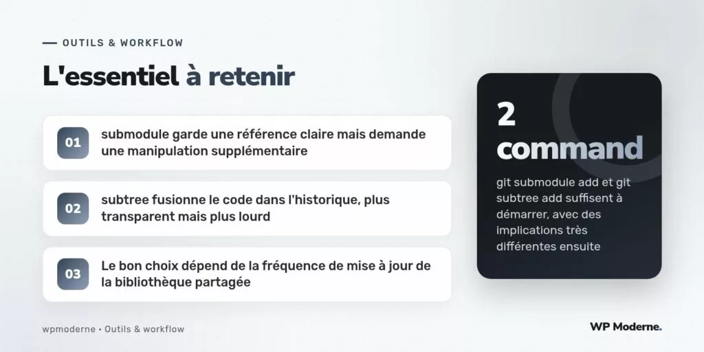 L'essentiel à retenir : submodule garde une référence claire mais demande une manipulation supplémentaire ; subtree fusionne le code dans l'historique, plus transparent mais plus lourd ; Le bon choix dépend de la fréquence de mise à jour de la bibliothèque partagée