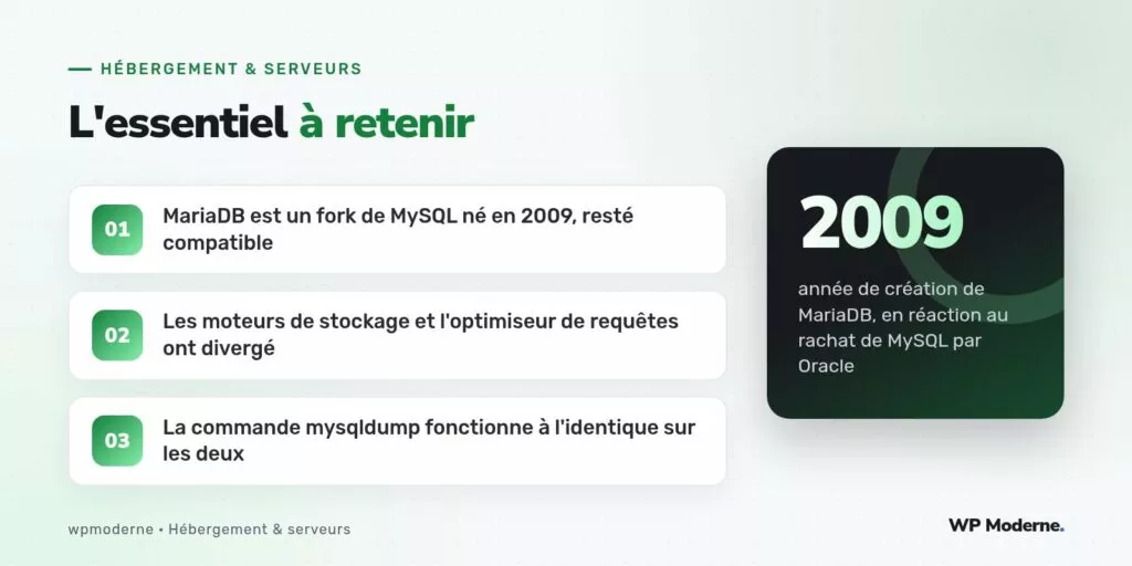 L'essentiel à retenir : MariaDB est un fork de MySQL né en 2009, resté compatible ; Les moteurs de stockage et l'optimiseur de requêtes ont divergé ; La commande mysqldump fonctionne à l'identique sur les deux