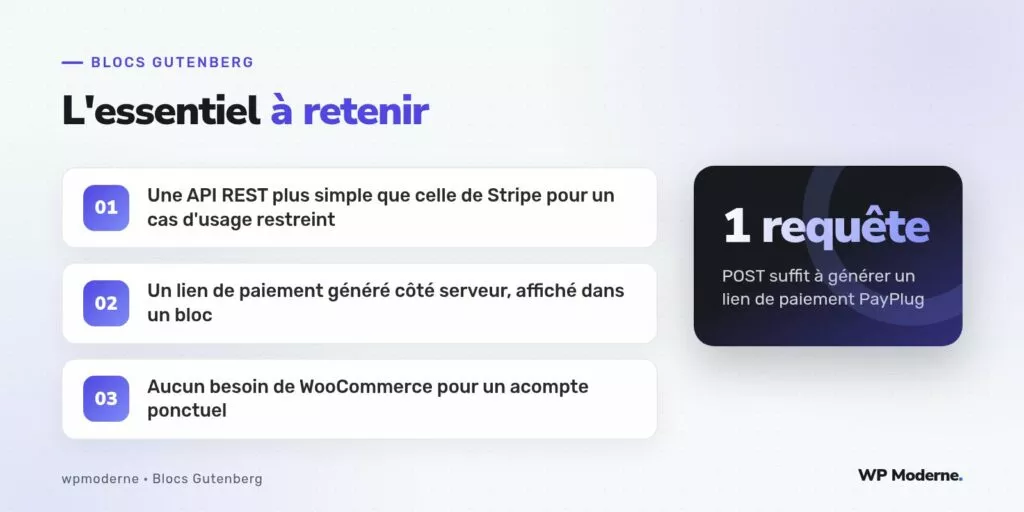 L'essentiel à retenir : Une API REST plus simple que celle de Stripe pour un cas d'usage restreint ; Un lien de paiement généré côté serveur, affiché dans un bloc ; Aucun besoin de WooCommerce pour un acompte ponctuel
