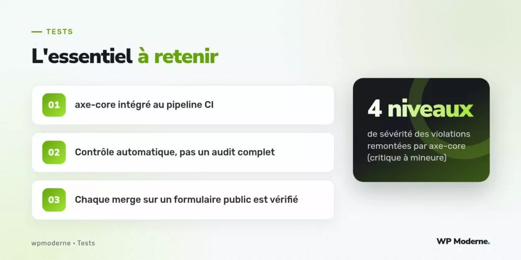 L'essentiel à retenir : axe-core intégré au pipeline CI ; Contrôle automatique, pas un audit complet ; Chaque merge sur un formulaire public est vérifié