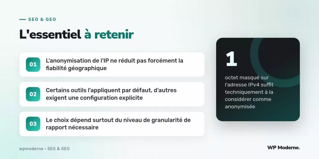 L'essentiel à retenir : L'anonymisation de l'IP ne réduit pas forcément la fiabilité géographique ; Certains outils l'appliquent par défaut, d'autres exigent une configuration explicite ; Le choix dépend surtout du niveau de granularité de rapport nécessaire