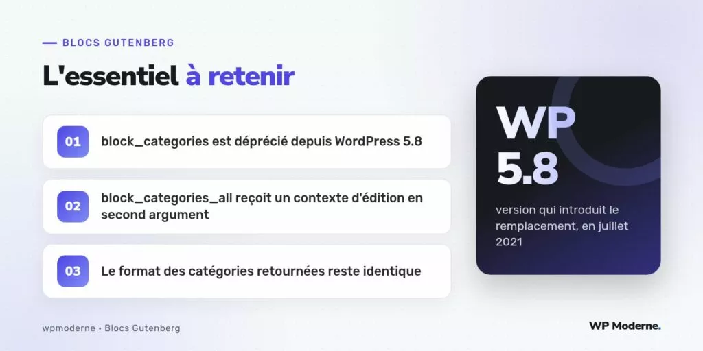 L'essentiel à retenir : block_categories est déprécié depuis WordPress 5.8 ; block_categories_all reçoit un contexte d'édition en second argument ; Le format des catégories retournées reste identique